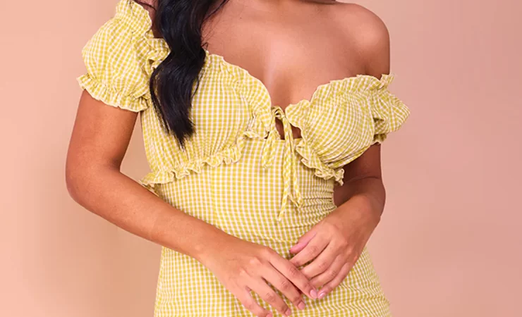Chartreuse Gingham Ruched Cup Detail Frill Hem Bodycon Dress